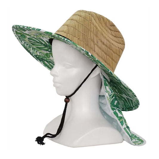 WPC-396 2wayモンステラ柄 日除け付き麦わら帽子
